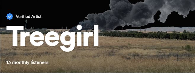 header image for treegirl on spotify that reads treegirl over an image of a fire across a field